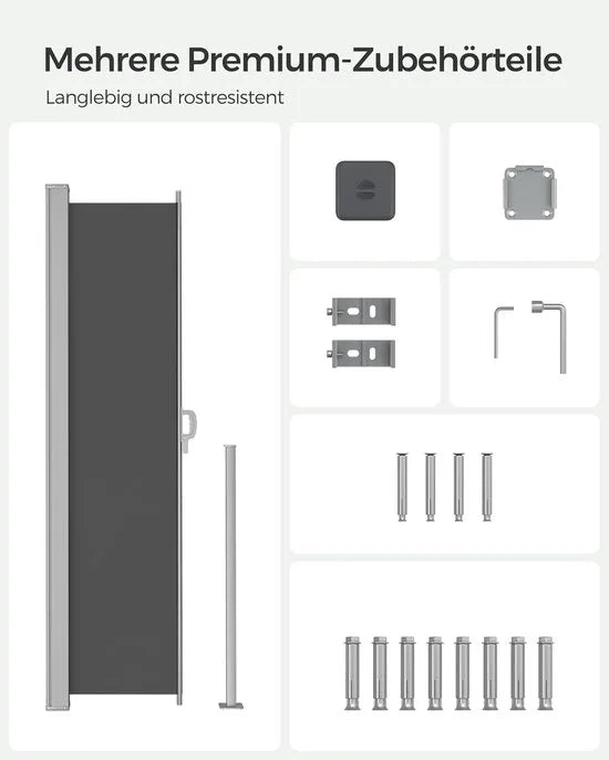 FurnStar - Zijwand - Windscherm - Uittrekbaar zijrolgordijn 160 x 350 cm - Zonwering - Ondoorzichtig - Balkon, terras, tuin - Lichtgrijs – Antraciet 180 x 450cm