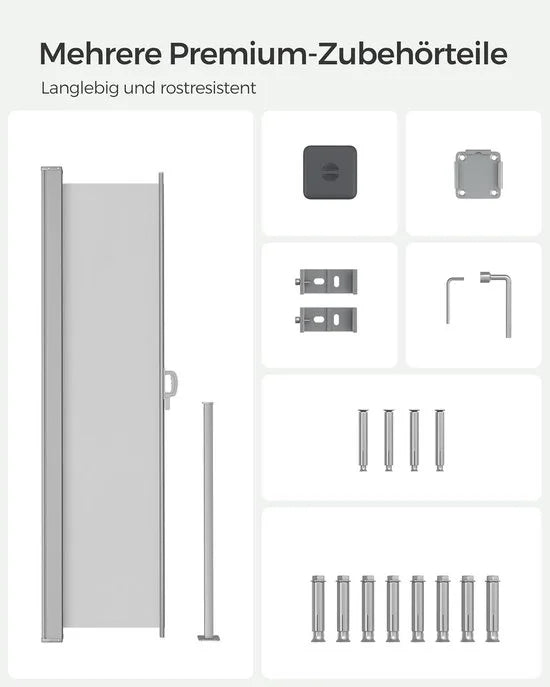 FurnStar - Zijwand - Windscherm - Uittrekbaar zijrolgordijn 160 x 350 cm - Zonwering - Ondoorzichtig - Balkon, terras, tuin - Lichtgrijs – Lichtgrijs 200 x 350cm