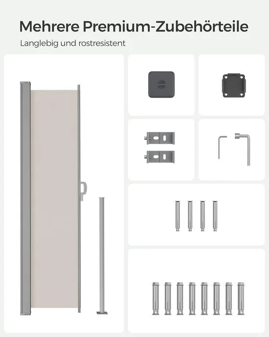 FurnStar - Zijwand - Windscherm - Uittrekbaar zijrolgordijn 160 x 350 cm - Zonwering - Ondoorzichtig - Balkon, terras, tuin - Lichtgrijs – Beige 200 x 350cm