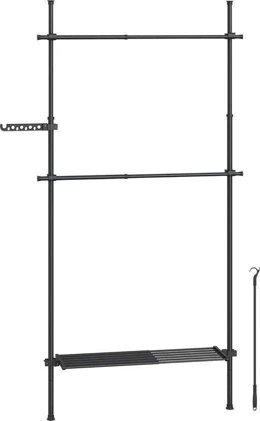 FurnStrar - Kledingrek - Kledingrek aan het plafond - 3-traps kledingkast - in hoogte en breedte verstelbaar - open kledingkast met uitneembare plank - kledingkast - grijparm - mat zwart