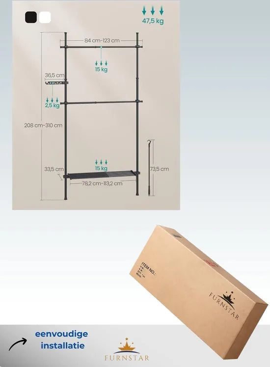 FurnStrar - Kledingrek - Kledingrek aan het plafond - 3-traps kledingkast - in hoogte en breedte verstelbaar - open kledingkast met uitneembare plank - kledingkast - grijparm - mat zwart