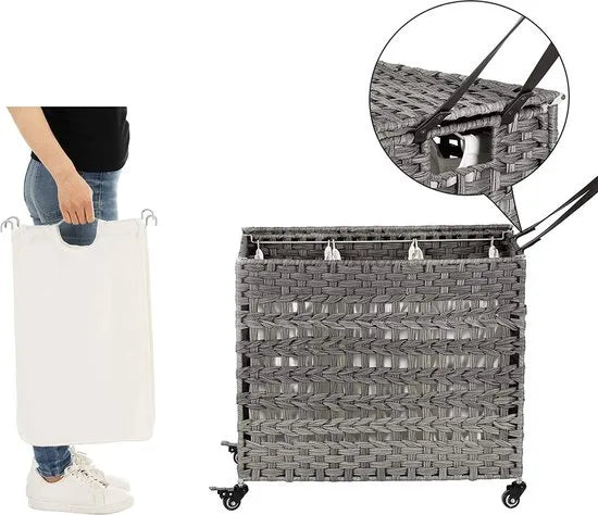 Handgeweven Polyrattan Wasmand met 3 Compartimenten - Grijs - LCB083G02