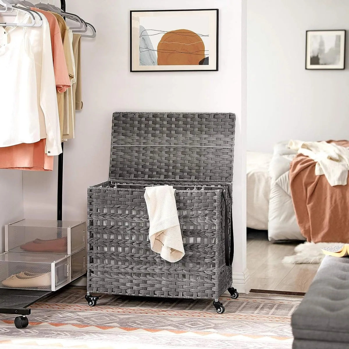 Handgeweven Polyrattan Wasmand met 3 Compartimenten - Grijs - LCB083G02