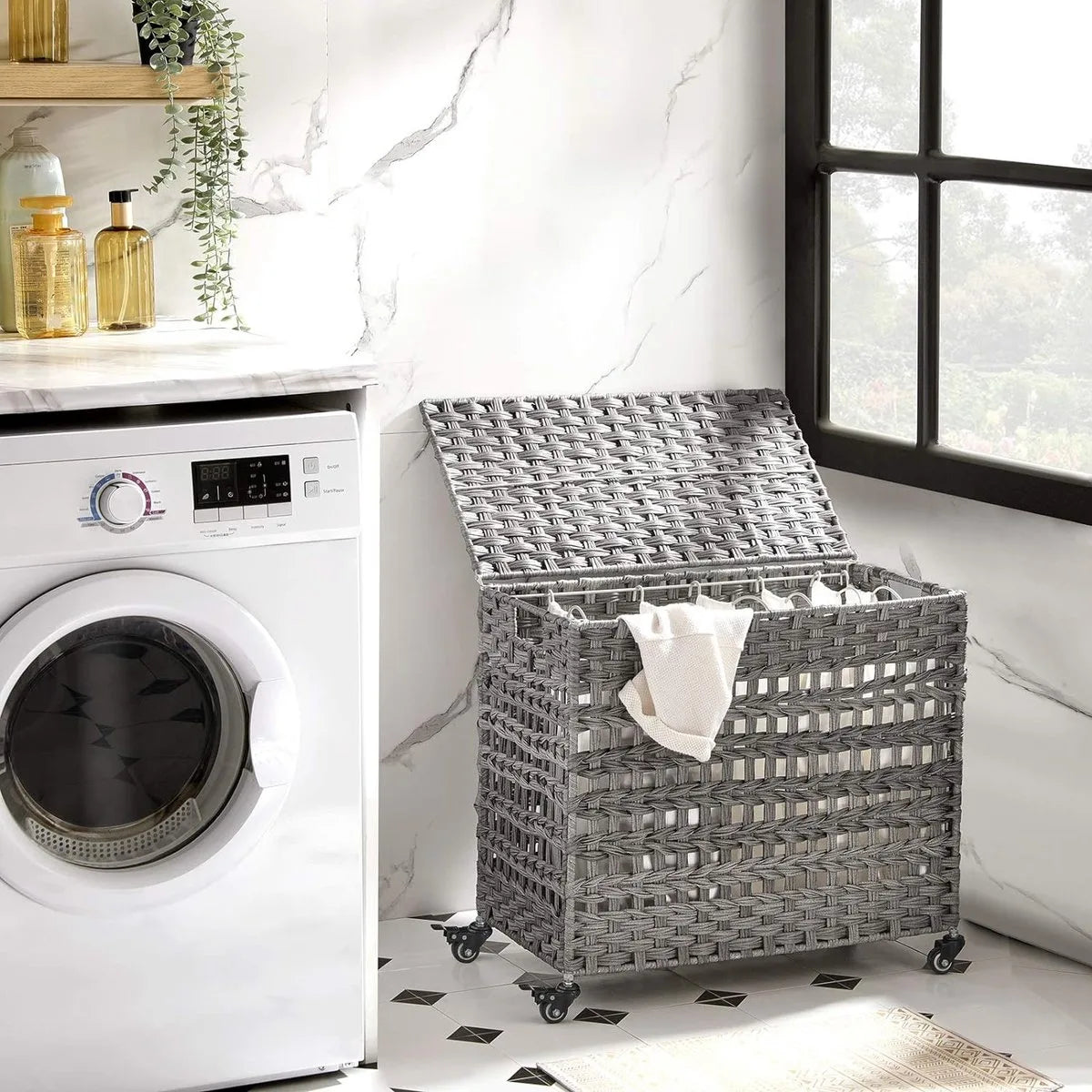 Handgeweven Polyrattan Wasmand met 3 Compartimenten - Grijs - LCB083G02
