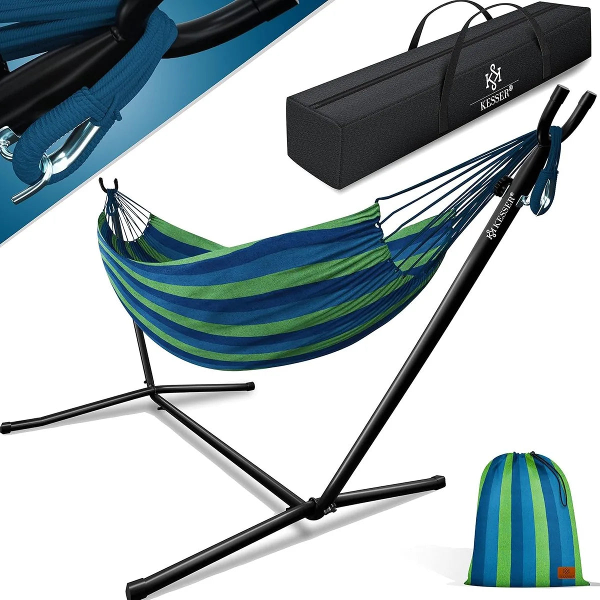 Hangmat - Hangmat met Standaard - dubbele hangmat voor 2 personen - stabiel frame - 200 kg draagvermogen binnen en buiten XXL tuin - vor zwembad - balkon - terras - Grijs kleur – Blauw