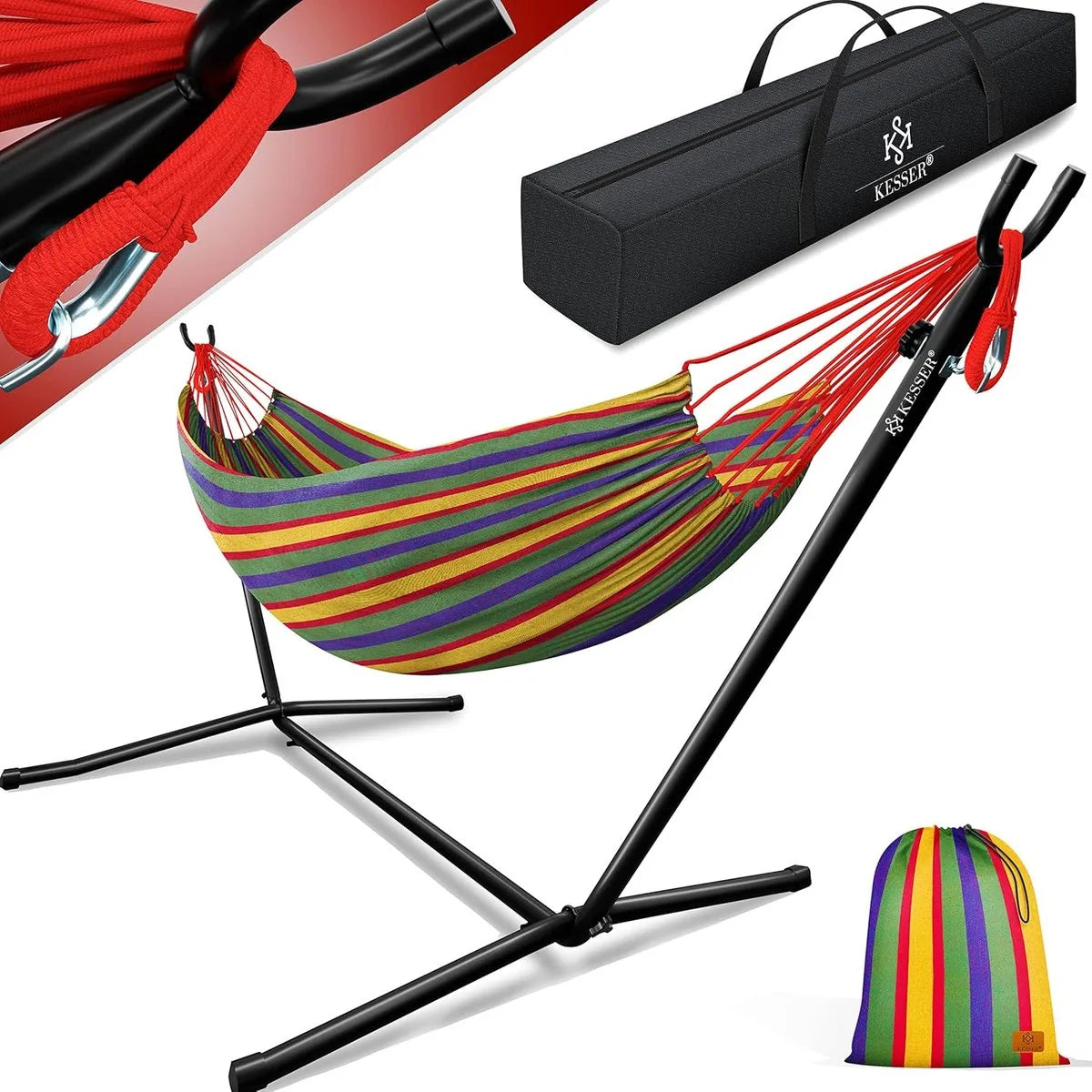 Hangmat - Hangmat met Standaard - dubbele hangmat voor 2 personen - stabiel frame - 200 kg draagvermogen binnen en buiten XXL tuin - vor zwembad - balkon - terras - Grijs kleur – Kleurrijk