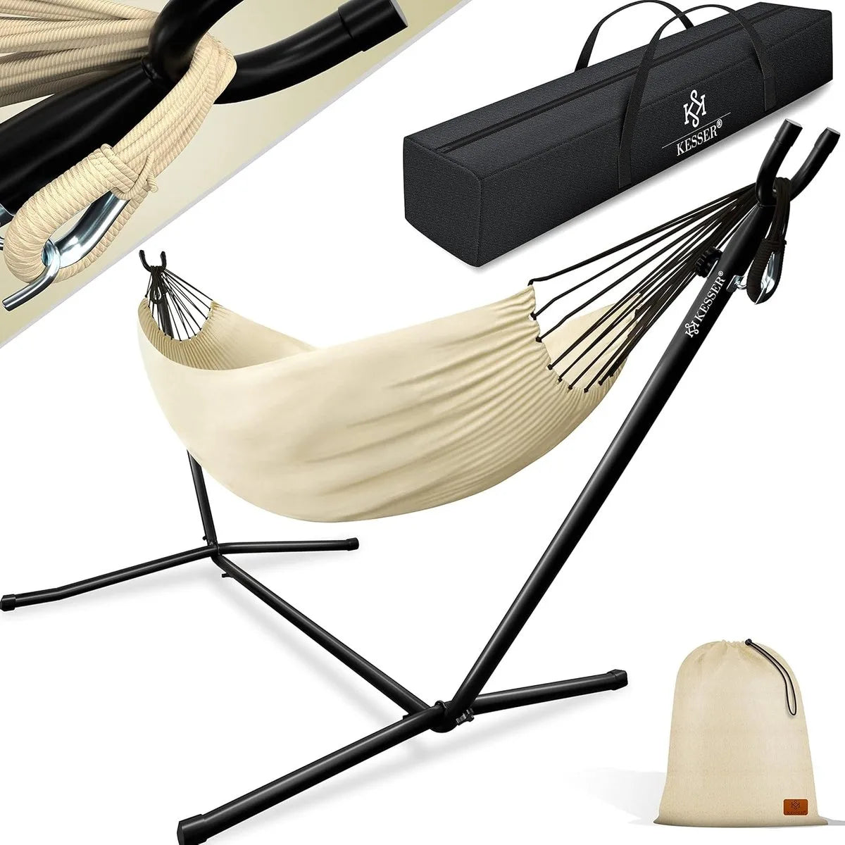Hangmat - Hangmat met Standaard - dubbele hangmat voor 2 personen - stabiel frame - 200 kg draagvermogen binnen en buiten XXL tuin - vor zwembad - balkon - terras - Beige kleur