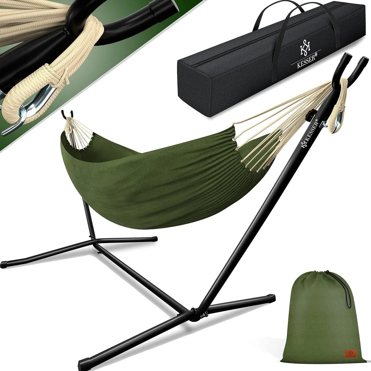 Hangmat - Hangmat met Standaard - dubbele hangmat voor 2 personen - stabiel frame - 200 kg draagvermogen binnen en buiten XXL tuin - vor zwembad - balkon - terras - Grijs kleur – Khaki