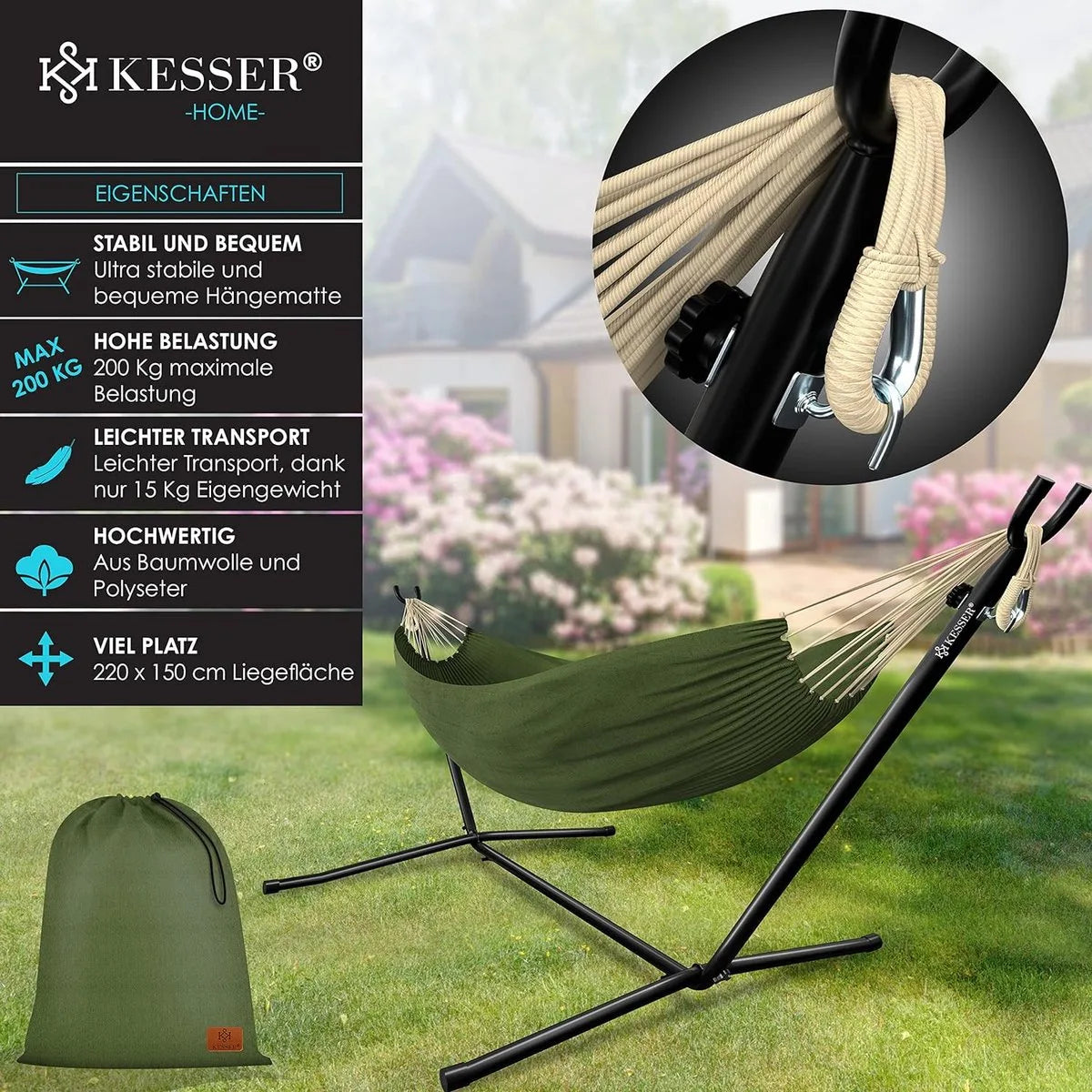 Hangmat - Hangmat met Standaard - dubbele hangmat voor 2 personen - stabiel frame - 200 kg draagvermogen binnen en buiten XXL tuin - vor zwembad - balkon - terras - Grijs kleur – Khaki