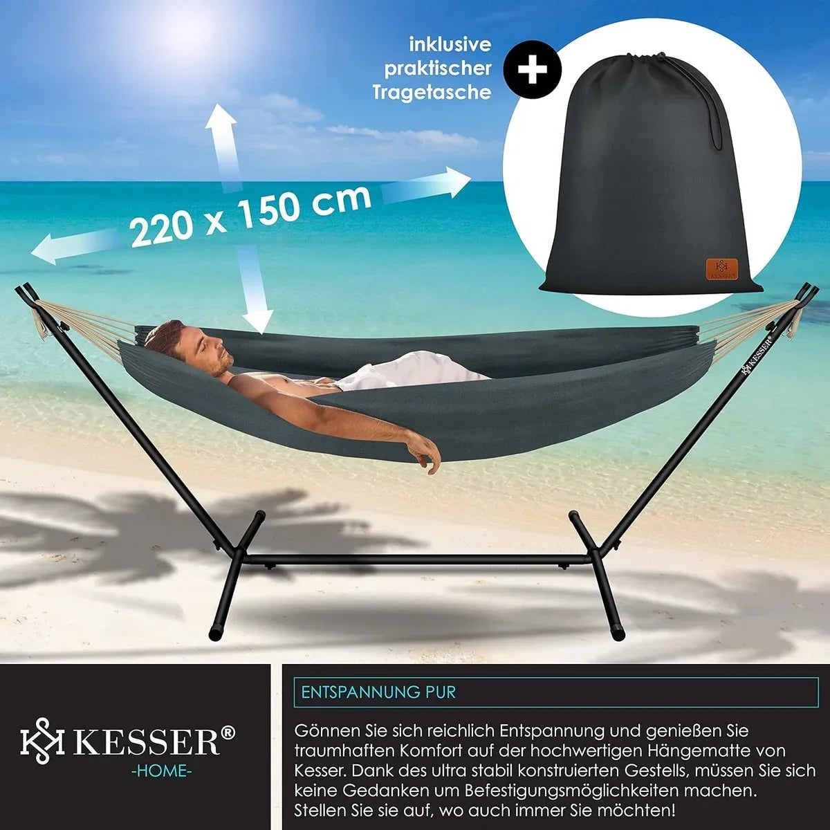 Hangmat - Hangmat met Standaard - dubbele hangmat voor 2 personen - stabiel frame - 200 kg draagvermogen binnen en buiten XXL tuin - vor zwembad - balkon - terras - Grijs kleur – Antraciet