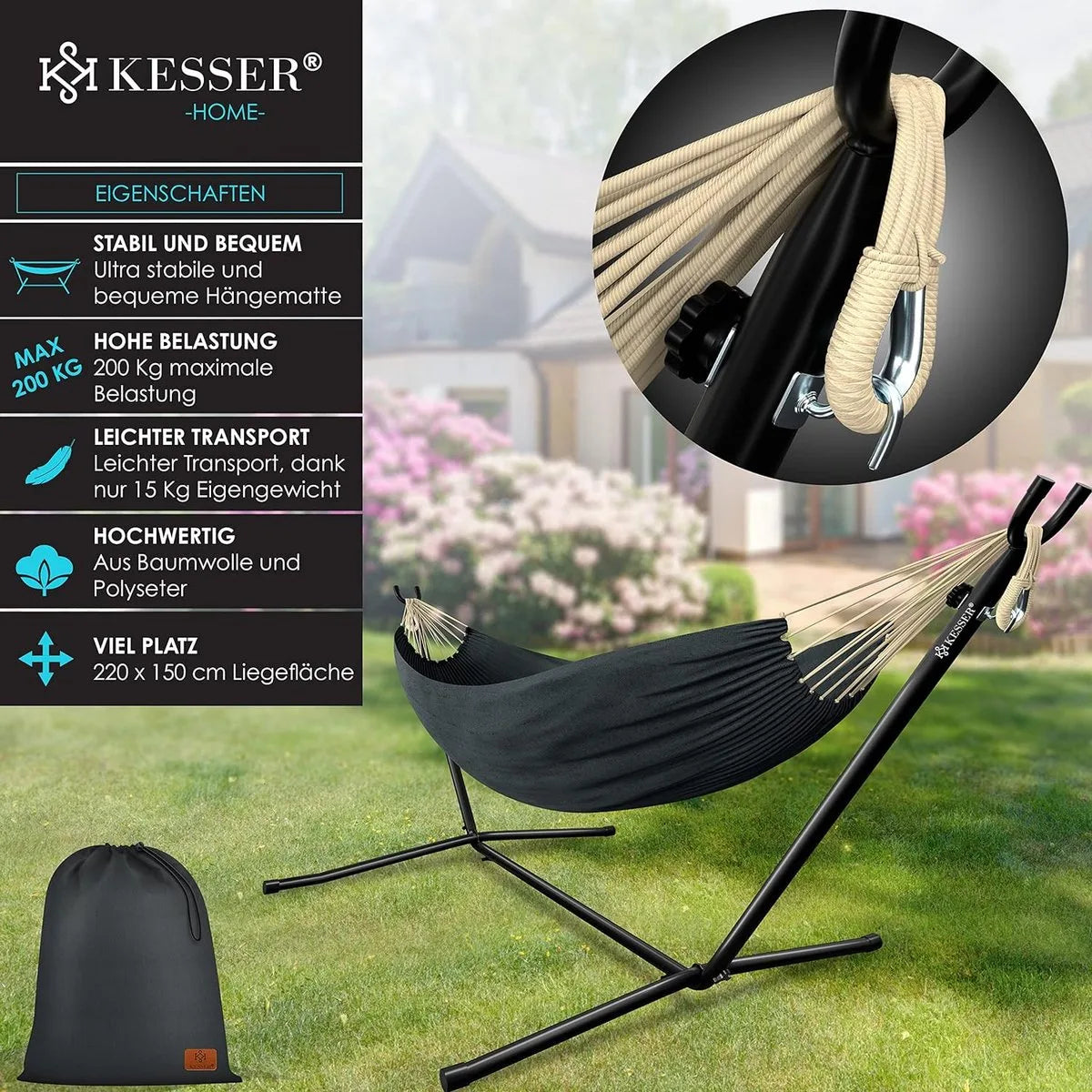 Hangmat - Hangmat met Standaard - dubbele hangmat voor 2 personen - stabiel frame - 200 kg draagvermogen binnen en buiten XXL tuin - vor zwembad - balkon - terras - Grijs kleur – Antraciet