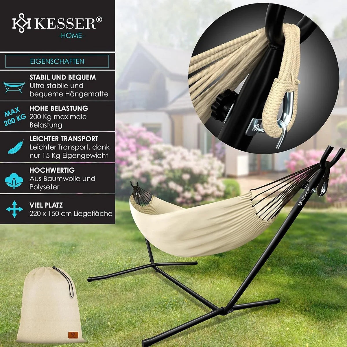 Hangmat - Hangmat met Standaard - dubbele hangmat voor 2 personen - stabiel frame - 200 kg draagvermogen binnen en buiten XXL tuin - vor zwembad - balkon - terras - Grijs kleur – Beige