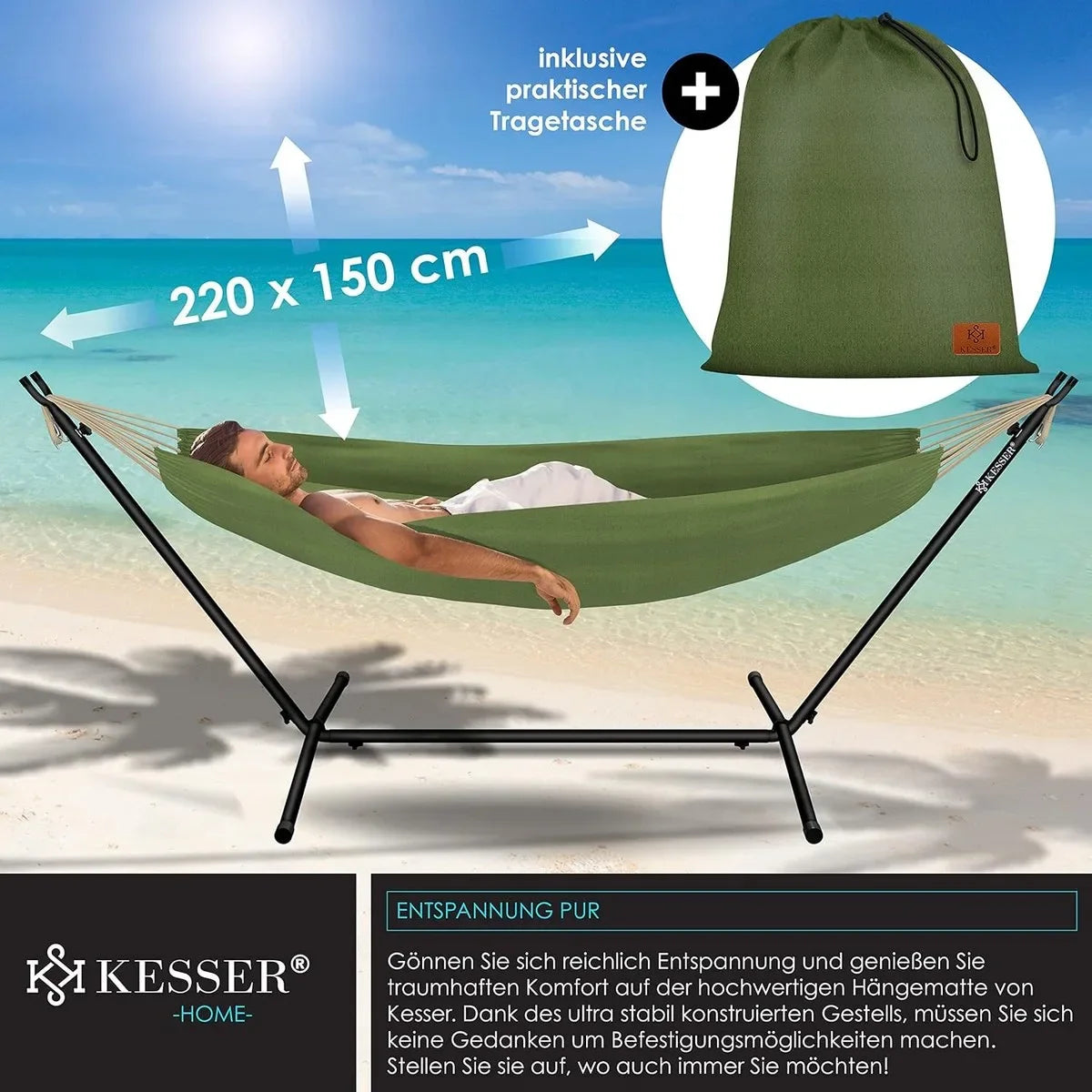 Hangmat - Hangmat met Standaard - dubbele hangmat voor 2 personen - stabiel frame - 200 kg draagvermogen binnen en buiten XXL tuin - vor zwembad - balkon - terras - Grijs kleur – Khaki