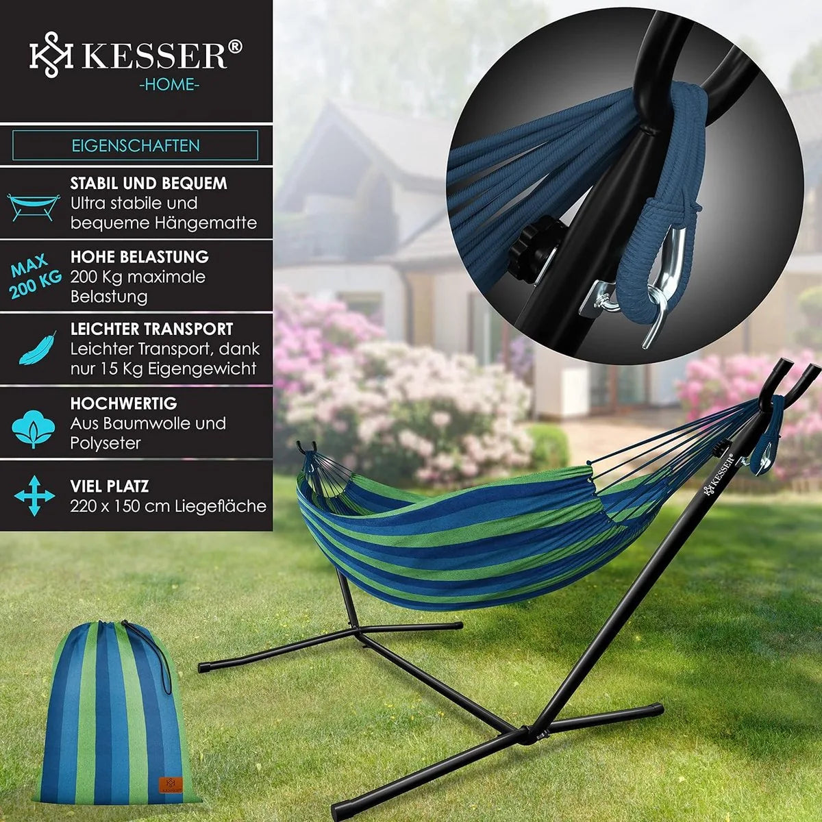 Hangmat - Hangmat met Standaard - dubbele hangmat voor 2 personen - stabiel frame - 200 kg draagvermogen binnen en buiten XXL tuin - vor zwembad - balkon - terras - Grijs kleur – Blauw