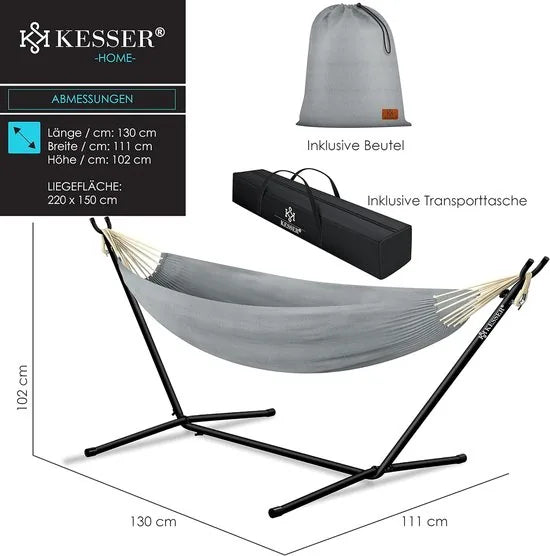 Hangmat - Hangmat met Standaard - dubbele hangmat voor 2 personen - stabiel frame - 200 kg draagvermogen binnen en buiten XXL tuin - vor zwembad - balkon - terras - Grijs kleur