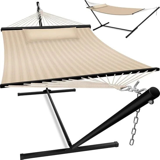Hangmat - Hangmat met Standaard - hangmat 2 persoons - met metalen frame - voor Tuin Balkon Terras - Antraciet kleur – Beige