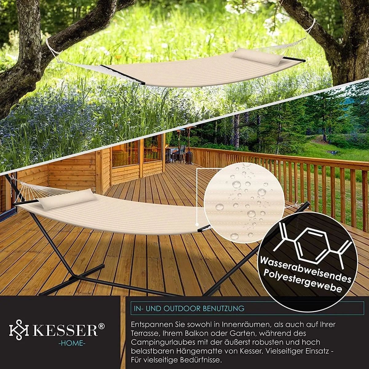 Hangmat - Hangmat met Standaard - hangmat 2 persoons - met metalen frame - voor Tuin Balkon Terras - Antraciet kleur – Beige