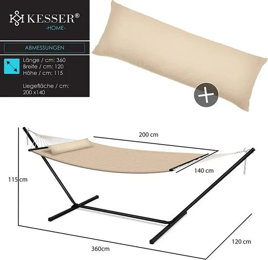 Hangmat - Hangmat met Standaard - hangmat 2 persoons - met metalen frame - voor Tuin Balkon Terras - Antraciet kleur – Beige