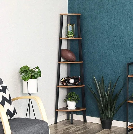 hoeklegbord, boekenkast met 5 legborden in industriële uitvoering, ladderrek met metalen frame, voor woonkamer, kantoor, vintage, donkerbruine LLS35X