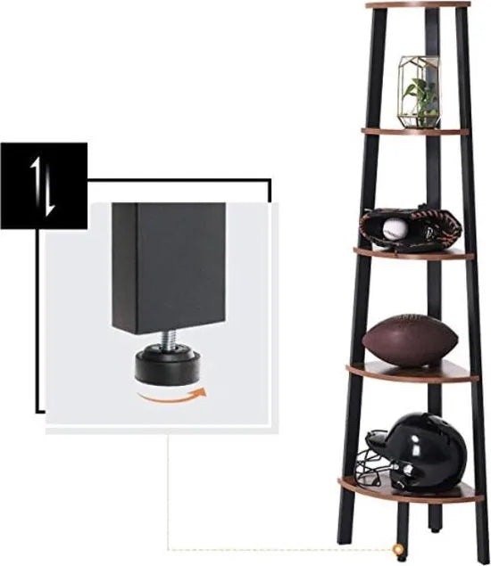 hoeklegbord, boekenkast met 5 legborden in industriële uitvoering, ladderrek met metalen frame, voor woonkamer, kantoor, vintage, donkerbruine LLS35X