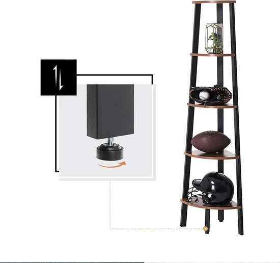 hoeklegbord, boekenkast met 5 legborden in industriële uitvoering, ladderrek met metalen frame, voor woonkamer, kantoor, vintage, donkerbruine LLS35X