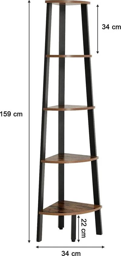 hoeklegbord, boekenkast met 5 legborden in industriële uitvoering, ladderrek met metalen frame, voor woonkamer, kantoor, vintage, donkerbruine LLS35X