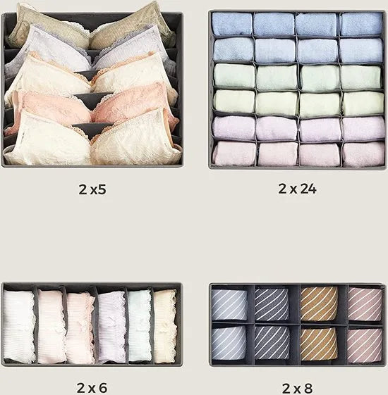 Hoppa! opbergdozen voor ondergoed (set van 8), opbergdoos, lade-organizer, opbergsysteem voor garderobe, voor bh's, ondergoed, sokken, stropdassen, vouwdozen, stoffen dozen,Grijs