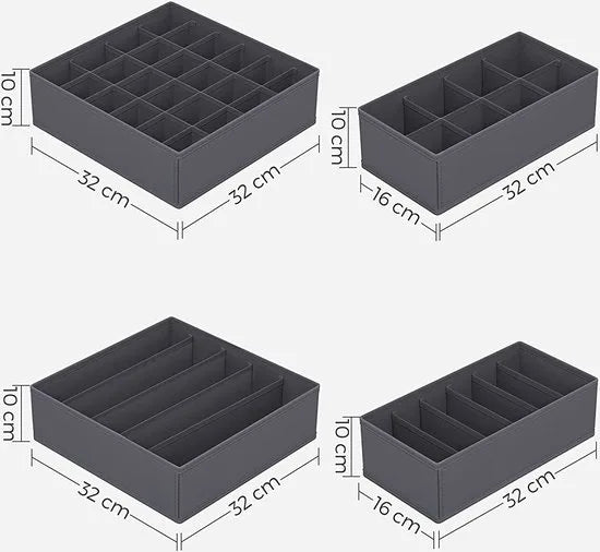 Hoppa! opbergdozen voor ondergoed (set van 8), opbergdoos, lade-organizer, opbergsysteem voor garderobe, voor bh's, ondergoed, sokken, stropdassen, vouwdozen, stoffen dozen,Grijs