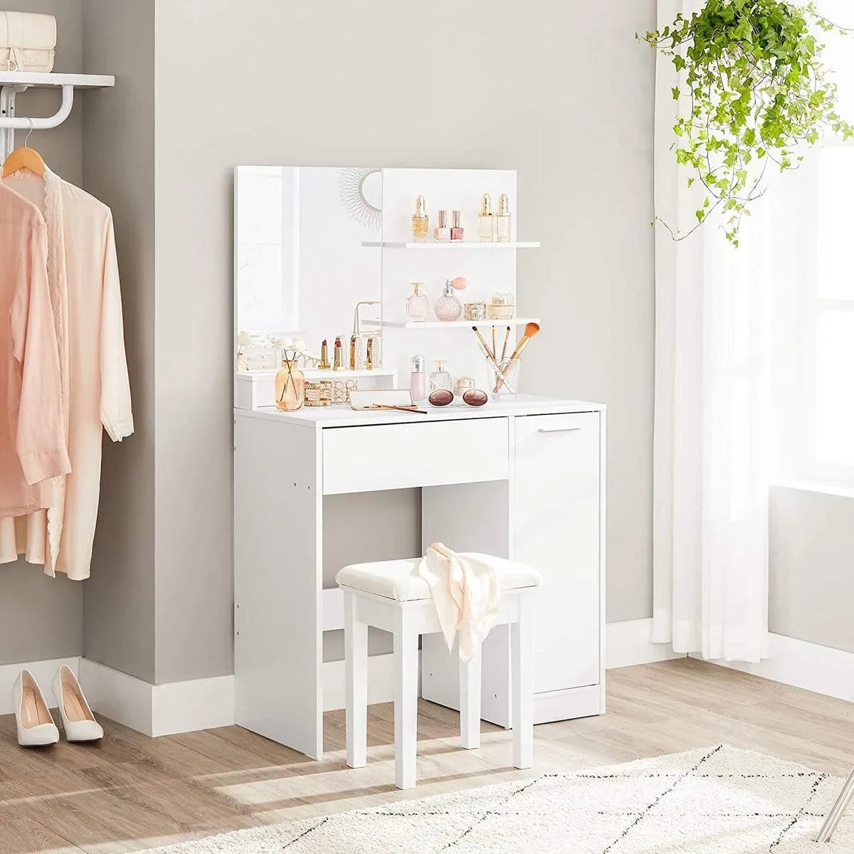 Kaptafel, make up tafel met spiegel en opbergvak, 1 lade, 2 legplanken, wit