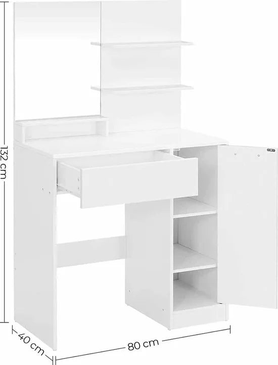 Kaptafel, make up tafel met spiegel en opbergvak, 1 lade, 2 legplanken, wit