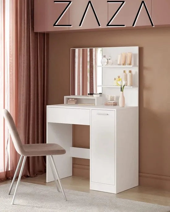 Kaptafel, make up tafel met spiegel en opbergvak, 1 lade, 2 legplanken, wit