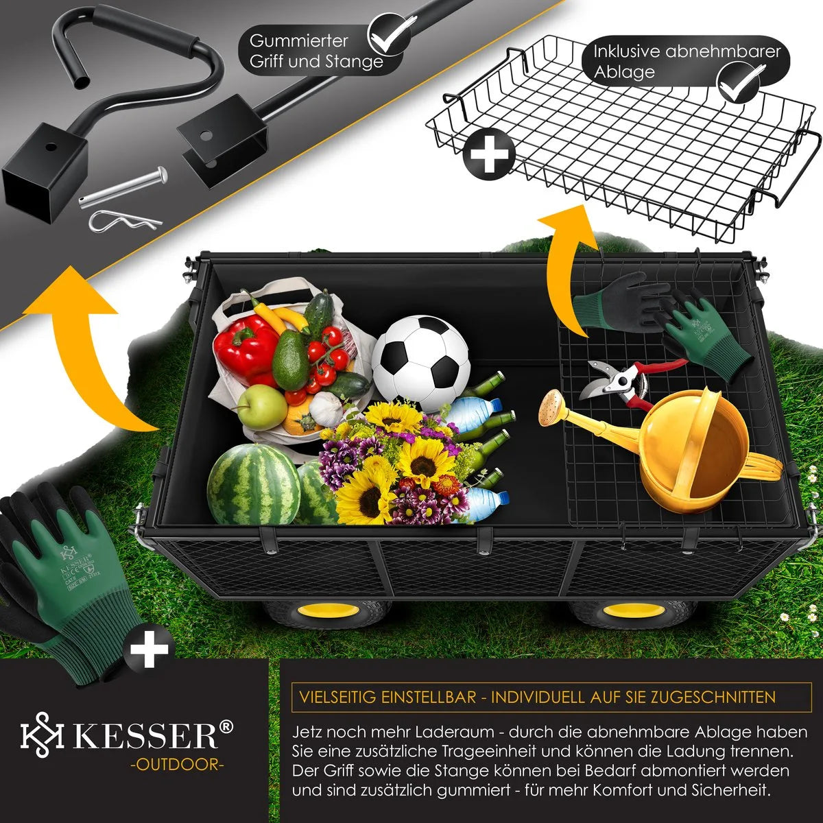 KESSER® Tuinkar Handtrekwagen 550 kg belastbare transportkar tuinkar afneembaar zeil gereedschapswagen veelzijdig te gebruiken incl. handschoenen - 550Kg (Zwart)