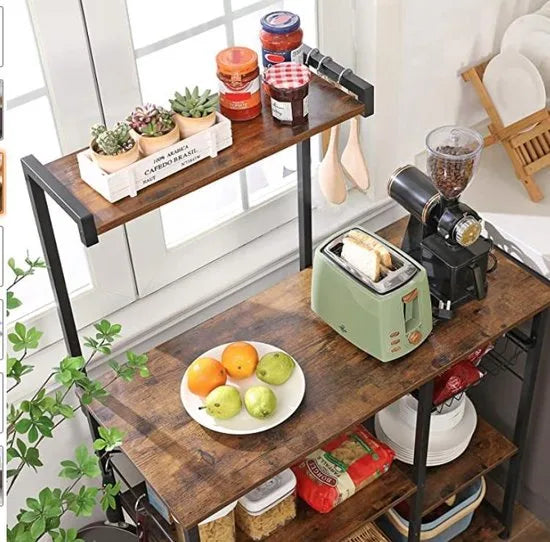 keukenplank, staande plank met metalen mand, bakkerijplank met 6 S-haken en planken, magnetronplank, kruidenrek, voor potten en pannen, industrieel ontwerp, vintage bruin-zwart KKS35X