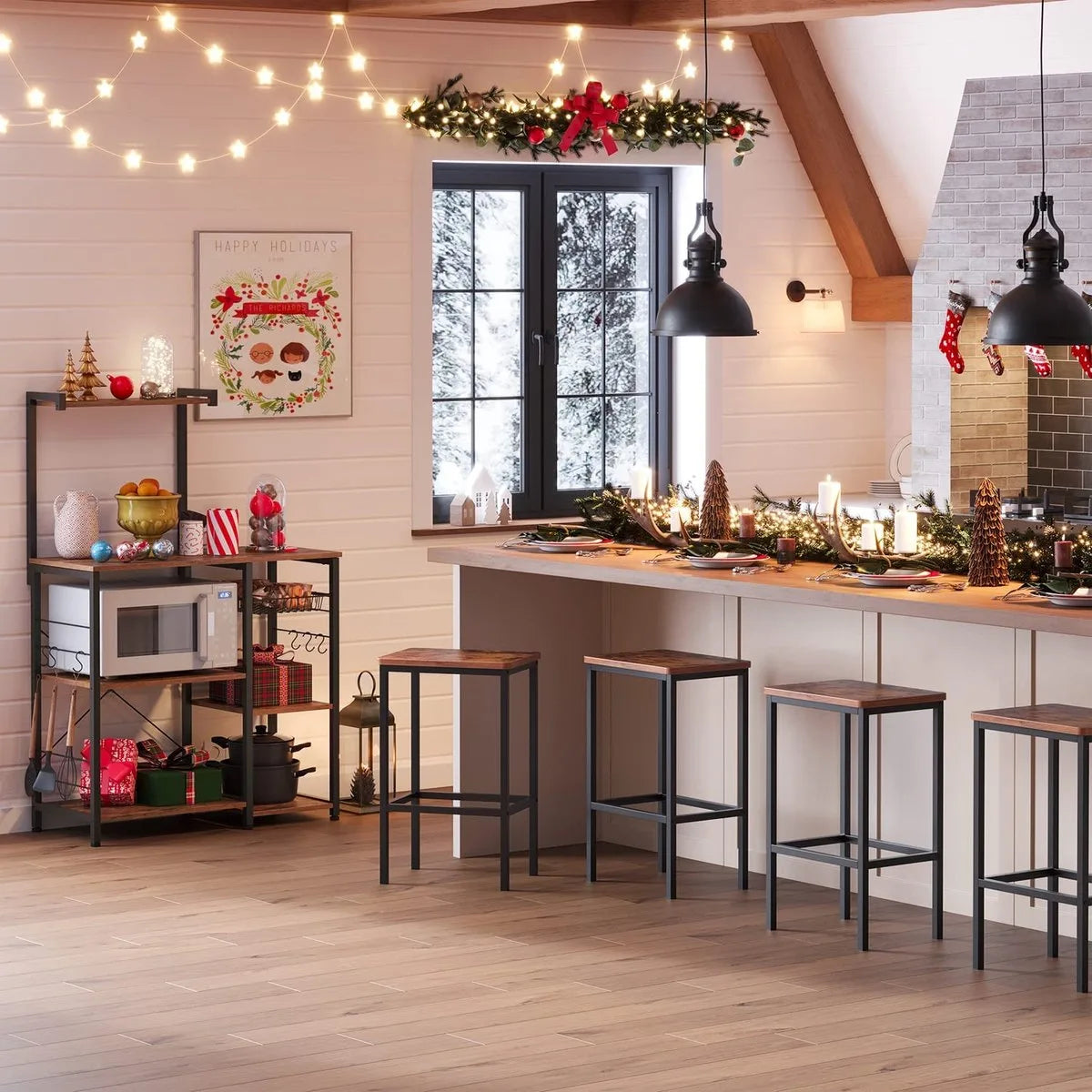 keukenplank, staande plank met metalen mand, bakkerijplank met 6 S-haken en planken, magnetronplank, kruidenrek, voor potten en pannen, industrieel ontwerp, vintage bruin-zwart KKS35X