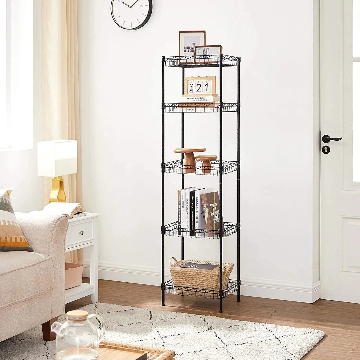 Keukenrek, Metalen Rek, Staand Rek, Badkamerrek Met 4 Haken, Pp-Platen, Verstelbare Planken, Draadmand, Tot 100 Kg Belastbaar, Voor Kleine Ruimtes, Badkamer, Zwart Lgr105B01