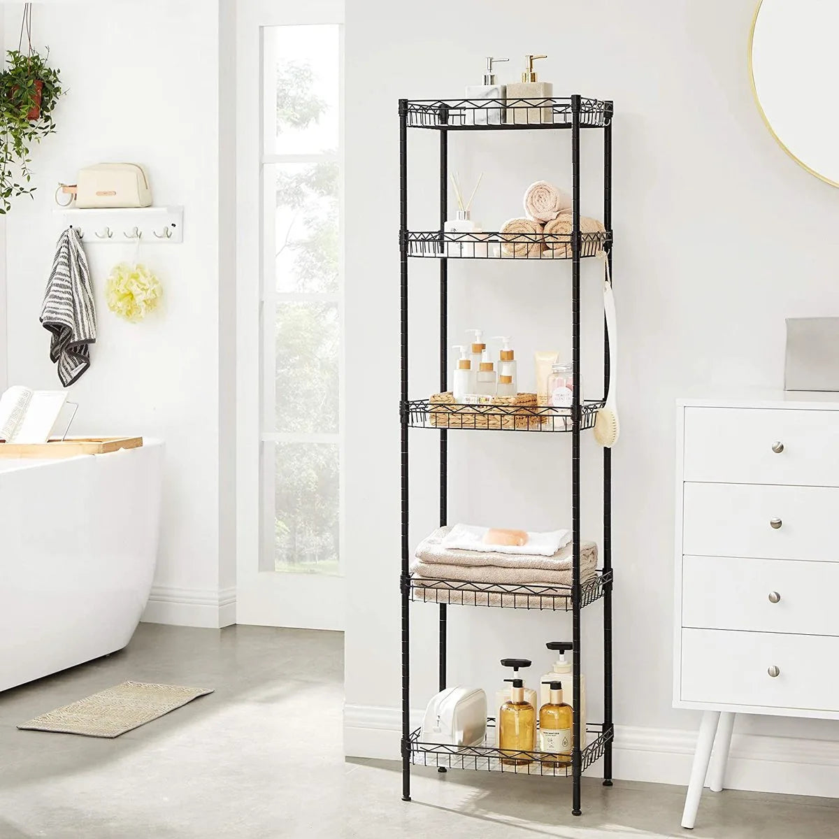 Keukenrek, Metalen Rek, Staand Rek, Badkamerrek Met 4 Haken, Pp-Platen, Verstelbare Planken, Draadmand, Tot 100 Kg Belastbaar, Voor Kleine Ruimtes, Badkamer, Zwart Lgr105B01