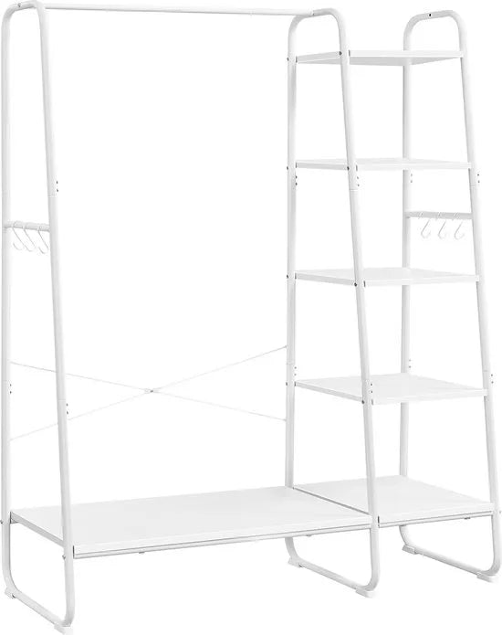 Kledingrek met Kledingstang en Schoenenrek – 6 Haken, 5 Planken – Wolkenwit-Mat Wit