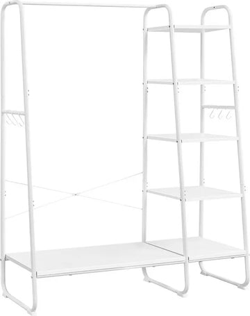Kledingrek met Kledingstang en Schoenenrek – 6 Haken, 5 Planken – Wolkenwit-Mat Wit