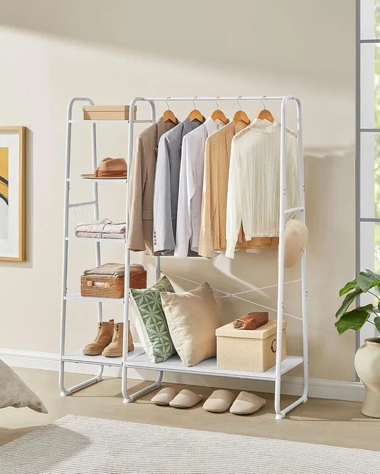 Kledingrek met Kledingstang en Schoenenrek – 6 Haken, 5 Planken – Wolkenwit-Mat Wit