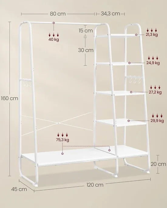 Kledingrek met Kledingstang en Schoenenrek – 6 Haken, 5 Planken – Wolkenwit-Mat Wit