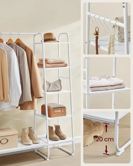 Kledingrek met Kledingstang en Schoenenrek – 6 Haken, 5 Planken – Wolkenwit-Mat Wit