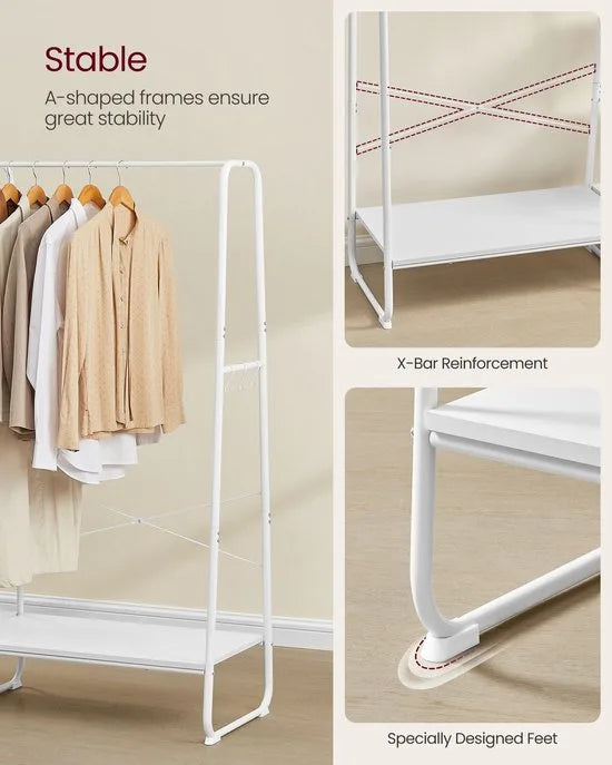Kledingrek met Kledingstang en Schoenenrek – 6 Haken, 5 Planken – Wolkenwit-Mat Wit