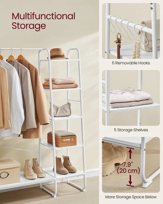 Kledingrek met Kledingstang en Schoenenrek – 6 Haken, 5 Planken – Wolkenwit-Mat Wit