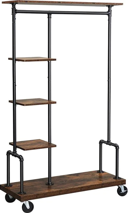 Kledingrek op wieltjes, met 5 planken, van metalen buizen, houtlook, vintage, donkerbruin-HSR66BXV1