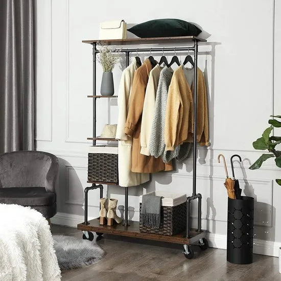 Kledingrek op wieltjes, met 5 planken, van metalen buizen, houtlook, vintage, donkerbruin-HSR66BXV1