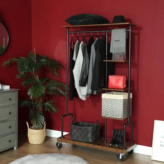 Kledingrek op wieltjes, met 5 planken, van metalen buizen, houtlook, vintage, donkerbruin-HSR66BXV1