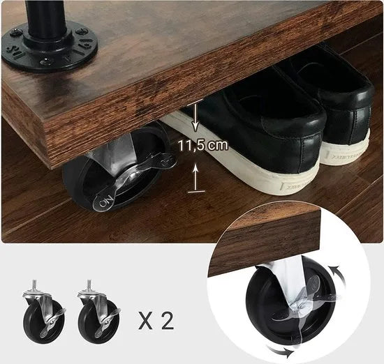 Kledingrek op wieltjes, met 5 planken, van metalen buizen, houtlook, vintage, donkerbruin-HSR66BXV1