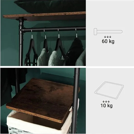 Kledingrek op wieltjes, met 5 planken, van metalen buizen, houtlook, vintage, donkerbruin-HSR66BXV1