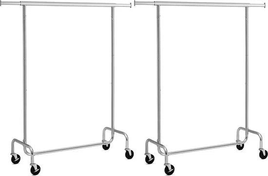 Kledingrek, Set Van 2 Kledingstangen Met Wieltjes, Garderobestek, Van Metaal, Tot 130 Kg Belastbaar, Lengte 110-150 Cm, Verchroomd, Zilver