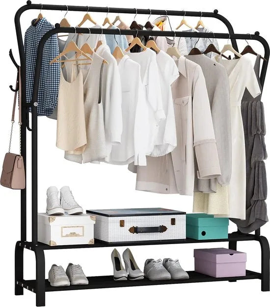Kledingrek zwart metaal - Kleding rek metaal met kledinghangers - Kledingrek dubbel met schoenenrek - Opbergrek voor kleding - Garderoberek met 2 kledingstangen - Kledingrek met haken - Kledingrek/Garderoberek staand 150 x 110 x 33 CM